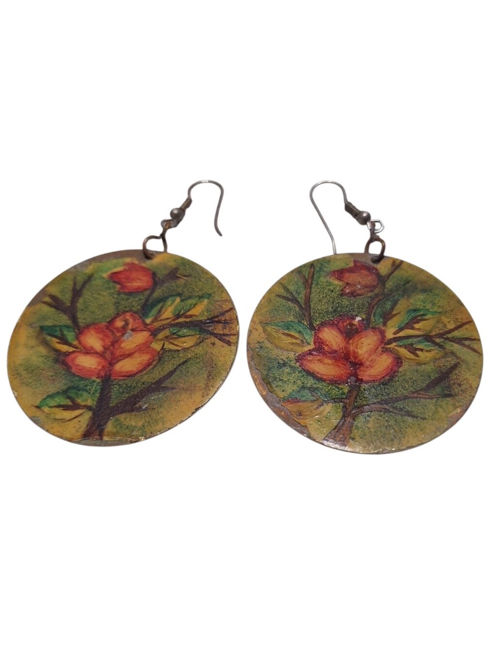 Vintage Hand-Painted Floral Round Dangle Earrings Bohemian Happy Lightweight